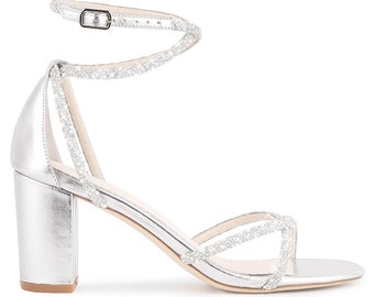 Silver Strappy Block Heels with Crystal and Pearl Straps