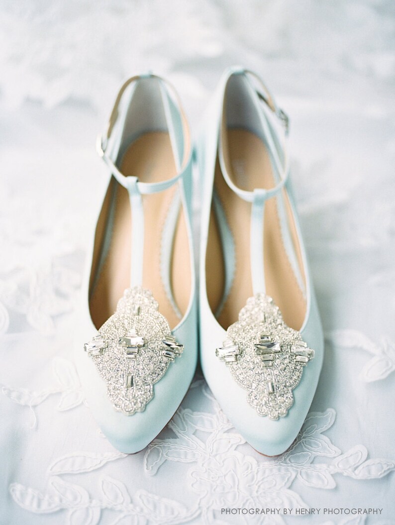 Art Deco Something Blue Wedding Shoes Great Gatsby Crystal Applique T-Strap Kitten Heel Silk Satin Bridal Shoes Bella Belle Annalise Blue image 5