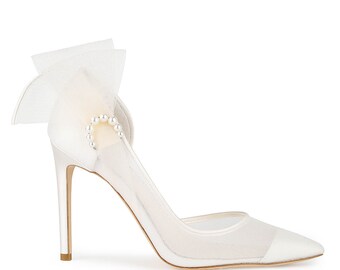 Pearl Accent Ivory Mesh Closed Toe Heels