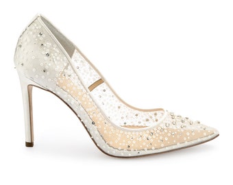 Ivory Sequin Embellished Mesh Pointy Wedding Pumps. Cinderella Ivory Beaded Heels Bella Belle Elsa Ivory