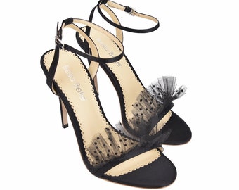 Polka Dot And Pleated Tulle Black Evening Shoe. Bridget Black Fun and Sexy Evening Heel