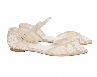 D'Orsay Nude Lace Wedding Flats. Celia Lace Ivory Wedding Shoes