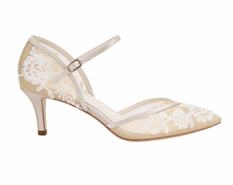 D Orsay Nude Lace Kitten Heel. Candice Lace Ivory Wedding Shoes