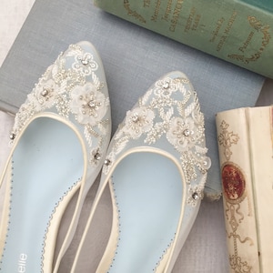 Beautiful Wedding Flats with Mesh and Flower Embroidery Beads Bridal Shoes - Glass Slipper with 'Something Blue' Bella Belle Shoes Adora