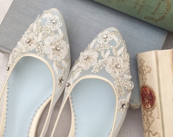 Beautiful Wedding Flats with Mesh and Flower Embroidery Beads Bridal Shoes - Glass Slipper with 'Something Blue' Bella Belle Shoes Adora