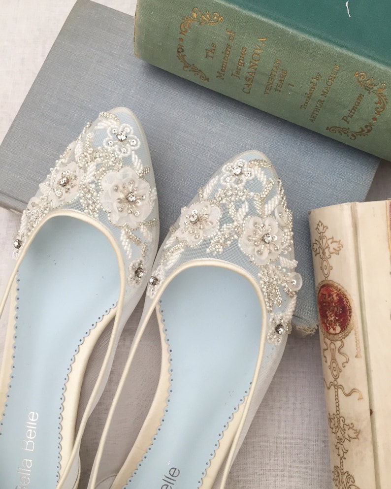 Beautiful Wedding Flats with Mesh and Flower Embroidery Beads Bridal Shoes Glass Slipper with 'Something Blue' Bella Belle Shoes Adora image 1