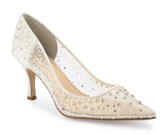 Ivory Sequin Embellished Mesh Pointy Wedding Kitten Heel Pumps. Cinderella Ivory Beaded Low Heels Bella Belle Evelyn Ivory