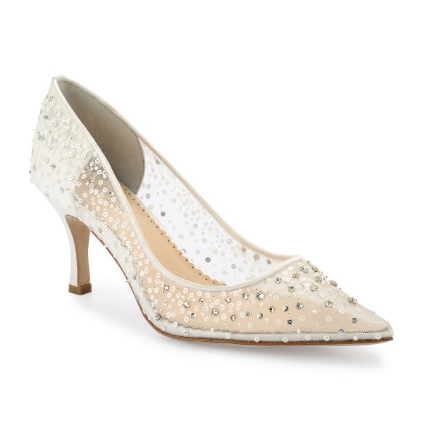 Ivory Sequin Embellished Mesh Pointy Wedding Kitten Heel Pumps. Cinderella Ivory Beaded Low Heels Bella Belle Evelyn Ivory