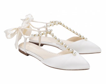 Luminous Pearls And Crystal Ivory Silk Bow Wedding Flats. Lulu Ivory Wedding Shoes