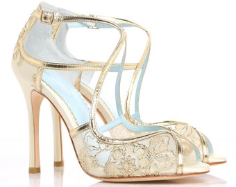 Wedding Shoes Gold Embroidered Lace and Silk Criss Cross Handmade and Romantic Bridal Bella Belle Tess