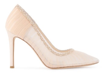 Pleated Tulle Blush Sheer Pumps with Crystal Rose Gold Trim