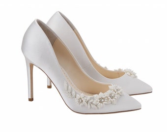 3D Floral Luminous Pearls And Ivory Beads Wedding Pumps. Jasmine Ivory Wedding Shoes