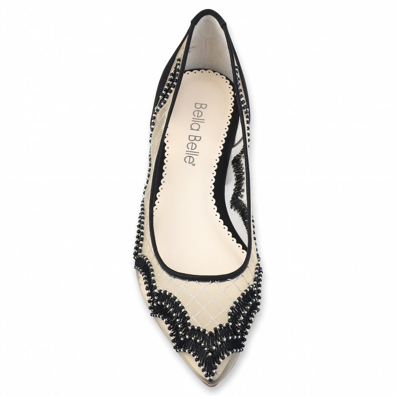 Bella belle Eva Scalloped Embroidered Black Evening Flats
