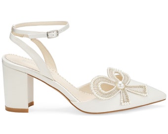 Ivory Wedding Shoes with Pearls, Block Heel Slingback