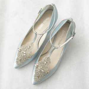 Art Deco Something Blue Wedding Shoes Great Gatsby Crystal Applique T-Strap Kitten Heel Silk Satin Bridal Shoes Bella Belle Annalise Blue image 1