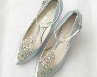 Art Deco Something Blue Wedding Shoes Great Gatsby Crystal Applique T-Strap Kitten Heel Silk Satin Bridal Shoes Bella Belle Annalise Blue