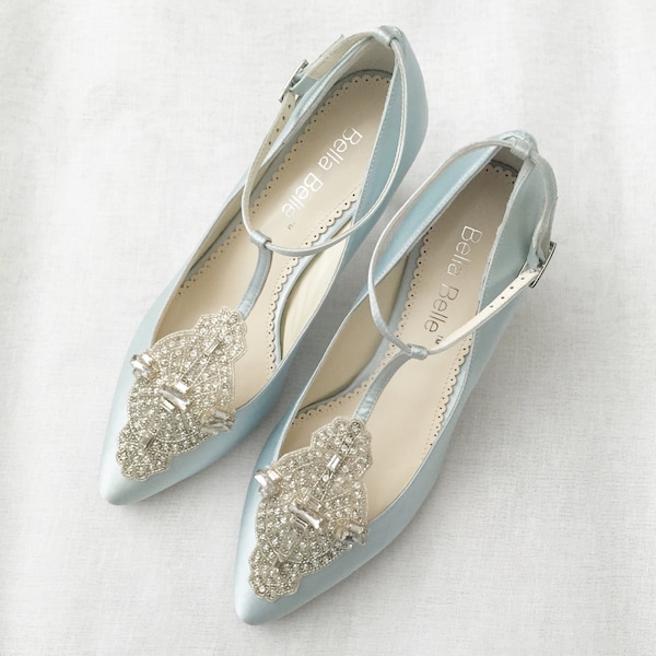 Art Deco Something Blue Wedding Shoes Great Gatsby Crystal Applique T-Strap Kitten Heel Silk Satin Bridal Shoes Bella Belle Annalise Blue