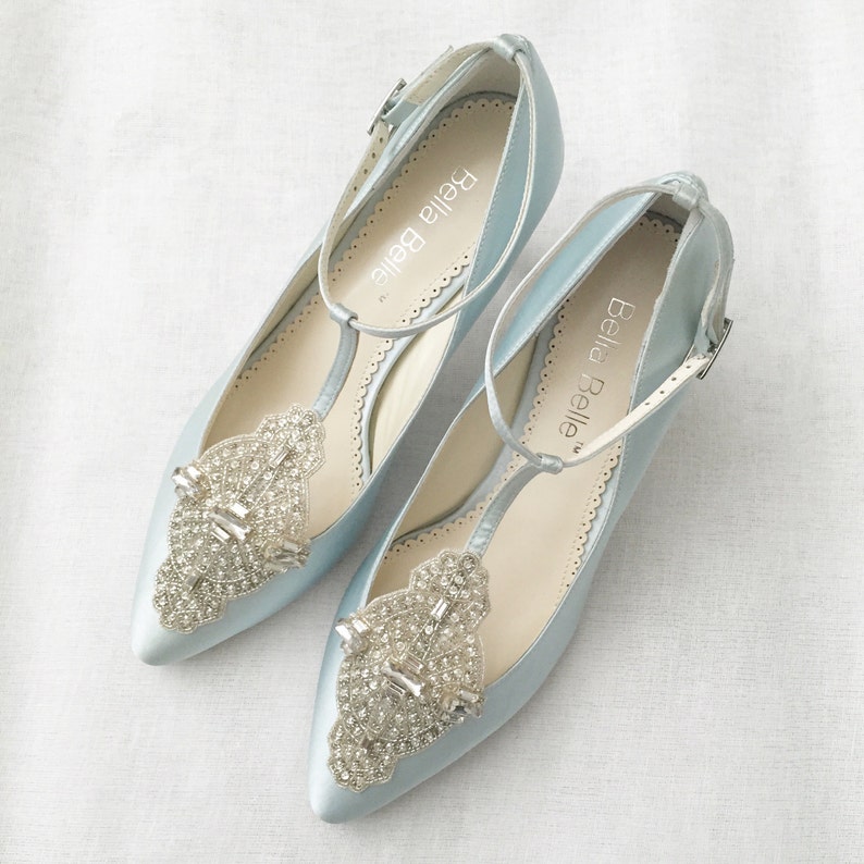 Art Deco Something Blue Wedding Shoes Great Gatsby Crystal Applique T-Strap Kitten Heel Silk Satin Bridal Shoes Bella Belle Annalise Blue image 1