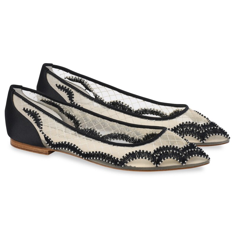 Bella belle Eva Scalloped Embroidered Black Evening Flats