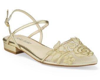 Gold Flower Embroidered Lace Wedding Flat | Bella Belle Shirley