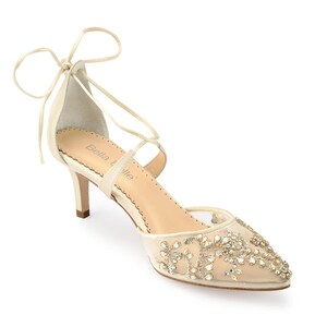 Comfortable Champagne and Gold Low Heel crystal embellished and beaded wedding shoes with ankle straps Bella Belle Frances image 4