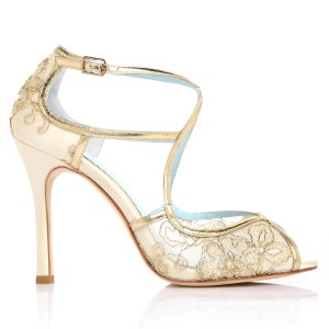 Wedding Shoes Gold Embroidered Lace and Silk Criss Cross Handmade and Romantic Bridal Bella Belle Tess image 2