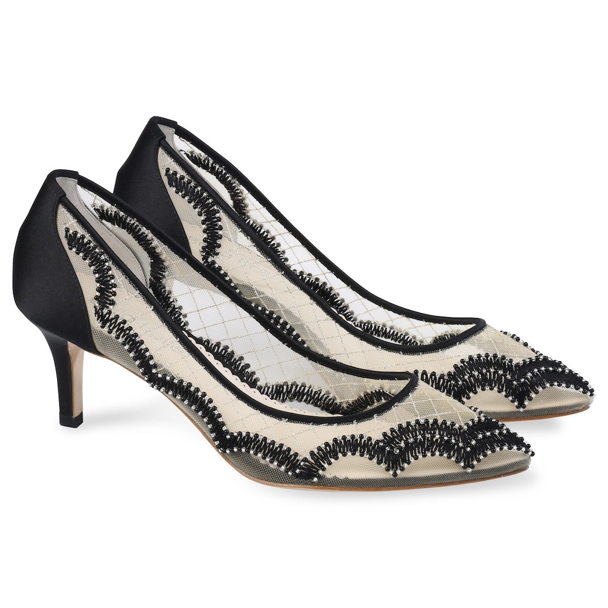 Scalloped Embroidered Black Evening Kitten Heels Bella Belle
