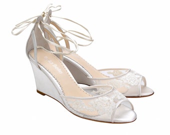 Ivory Floral Lace Wedge Wedding Heels. Pamela Ivory Lace Wedding Shoes