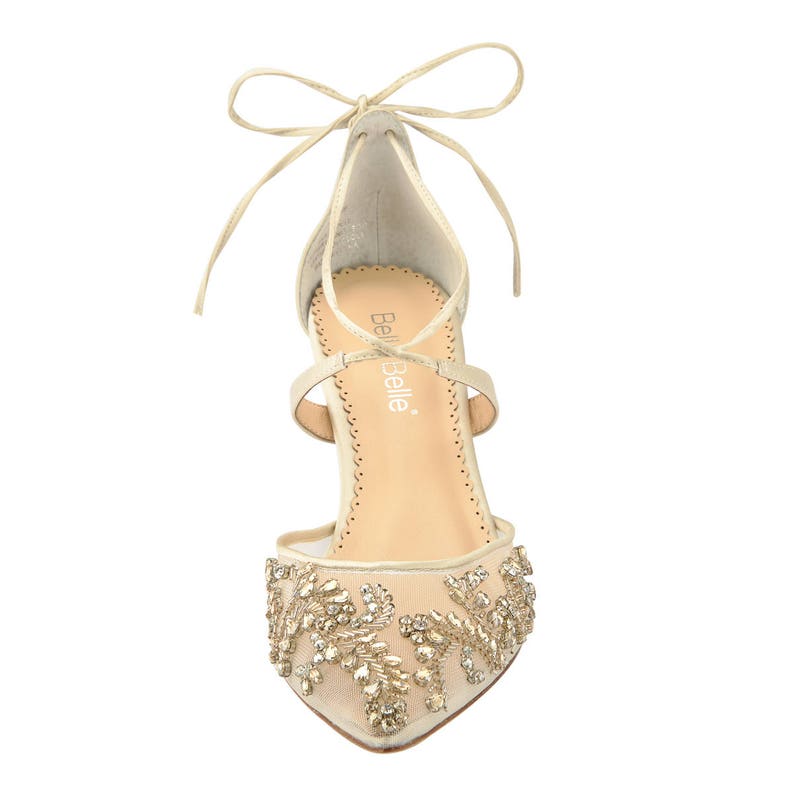 Comfortable Champagne and Gold Low Heel crystal embellished and beaded wedding shoes with ankle straps Bella Belle Frances image 6