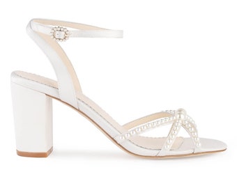 Open-Toe Strappy Pearl Block Heels with Ankle Strap