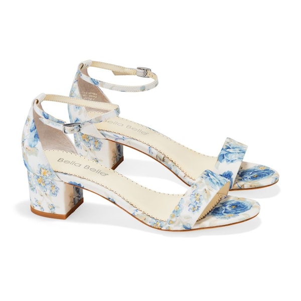 Blue Floral 2 Inch Block Heel