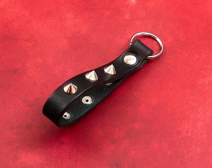 Handmade Genuine Italian Leather Spiked Keyring Fob - Black