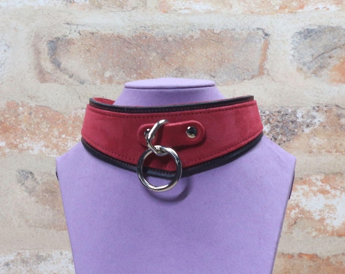 O-Ring Leather Collar – Red Suede Contoured Choker, Buckle Fastening, Punk Goth, Handmade UK