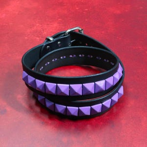 Black Leather Belt with Purple Pyramid Studs | Festival Belt | Heavy Duty Buffalo Leather | Alternative Fashion | Gothic Belt | 1.5&quot; Wide