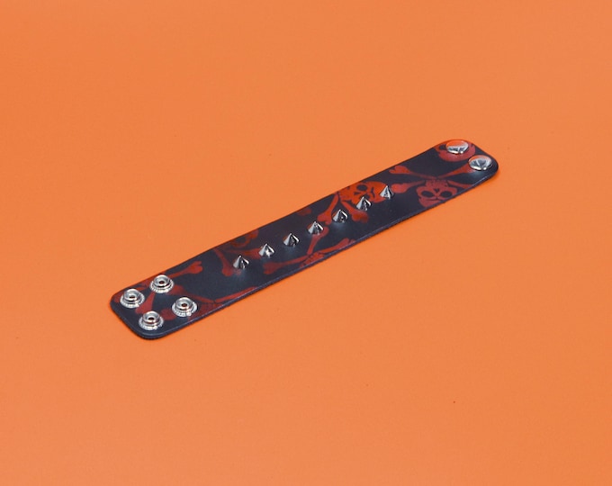 Spiked Leather Wristband – Red Skull Crossbones Punk Cuff (Handmade UK)