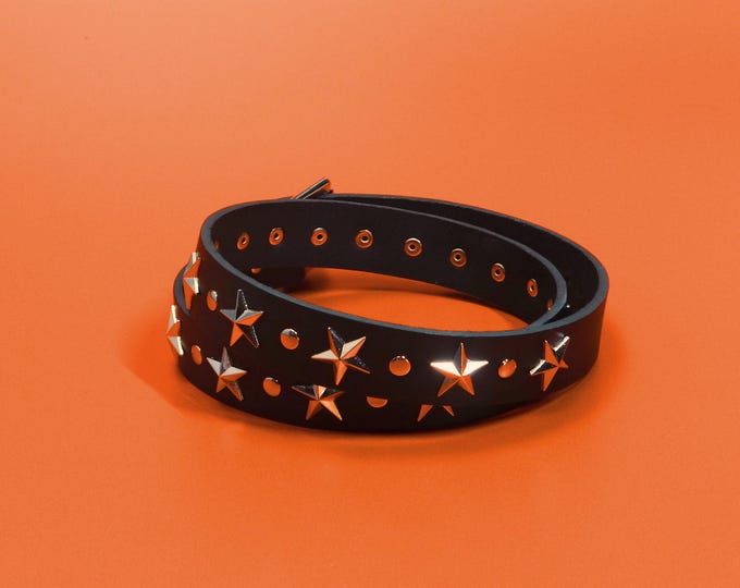Black Veg Tan Leather Star Studded Belt – Slim 1 Inch, Punk Rock Style