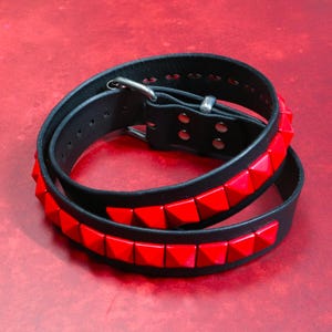 Black Leather Belt with Red Pyramid Studs | Festival Belt | Heavy Duty Buffalo Leather | Alternative Fashion | Gothic Belt | 1.5&quot; Wide