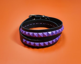 Black Leather Belt: Purple Pyramid Studded Festival Belt
