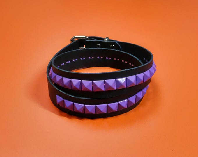 Black Leather Belt: Purple Pyramid Studded Festival Belt