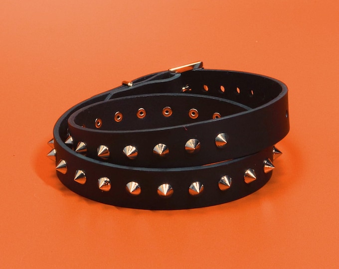 Slim Spiked Leather Belt – Black Veg Tan, Nickel Conical Studs, Punk Goth Style