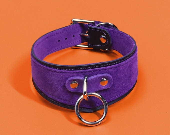 O-Ring Leather Collar – Purple Suede Contoured Choker, Buckle Fastening, Punk Goth, Handmade UK