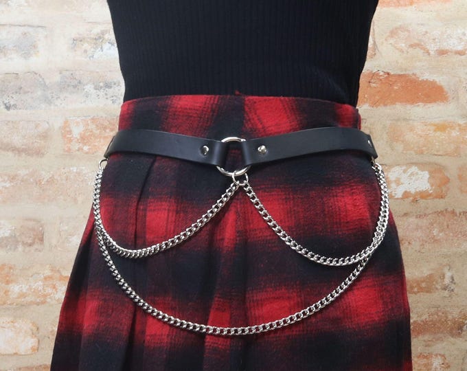 Black Leather Hip Belt – Twisted Nickel Chains, Punk Rock Style, UK Handmade