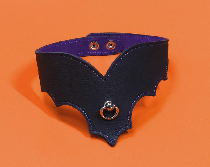 Gothic Bat Choker – Black Leather, Purple Suede Lined, O-Ring Detail, Handmade UK