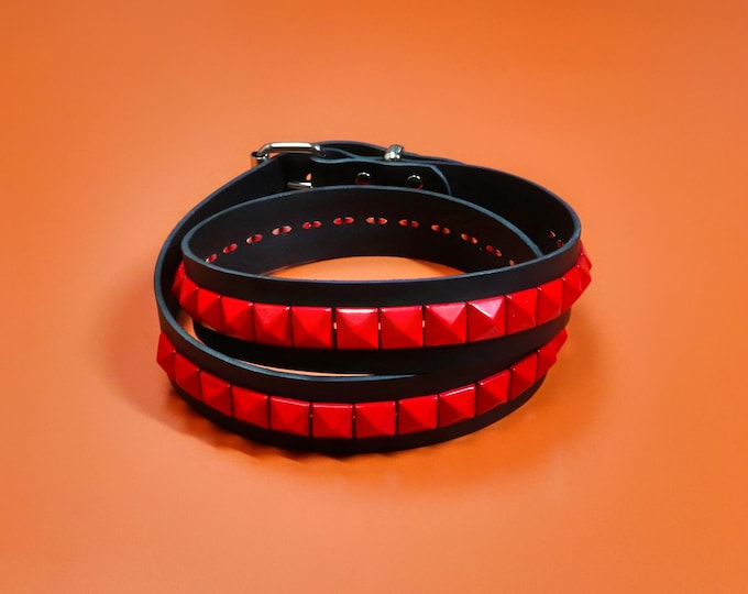 Black Buffalo Leather Belt: Red Pyramid Studded Festival Fashion