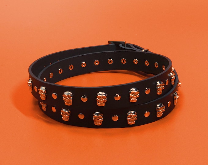 Skull Studded Leather Belt – Slim 1 Inch, Black Veg Tan, Goth Biker Style
