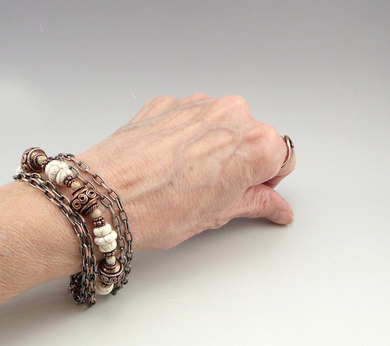 Chain Jewelry White Bead Bracelet 7th Anniversary Gift Multistrand Bracelet Copper Accessories Copper Chain Bracelet Boho Bracelet