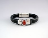 Black Leather Bracelet for Women, 3rd Anniversary Gift, Carnelian Bracelet, Leather Cuff Bracelet, Leather Wrist Cuff, Black Leather Cuff