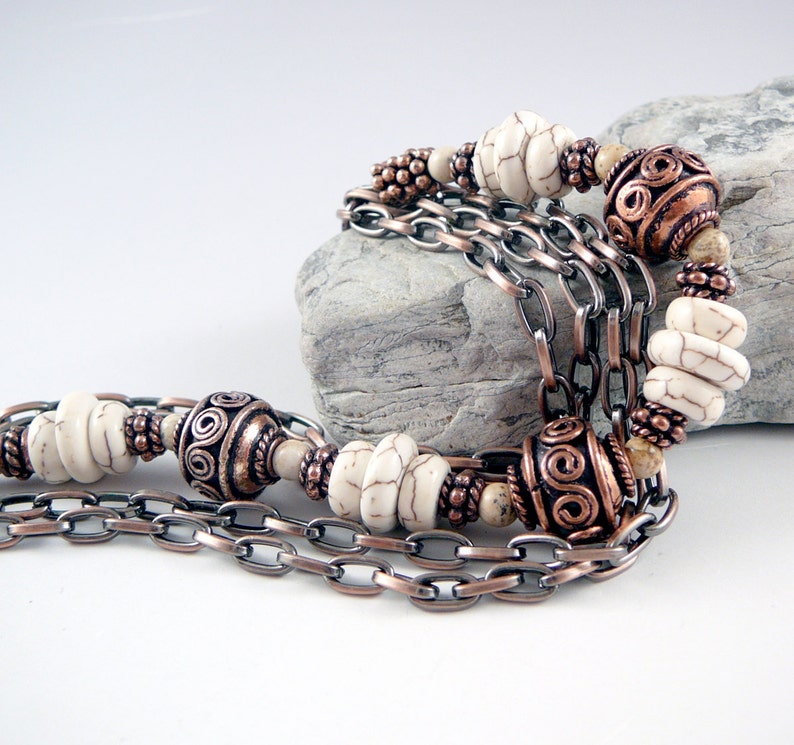 Chain Jewelry White Bead Bracelet 7th Anniversary Gift Multistrand Bracelet Copper Accessories Copper Chain Bracelet Boho Bracelet