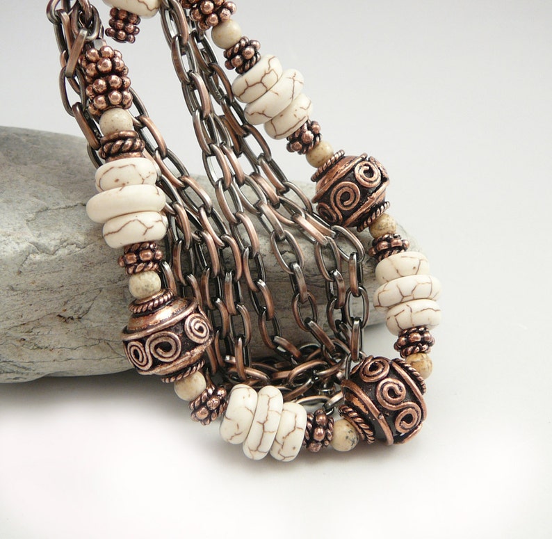 Chain Jewelry White Bead Bracelet 7th Anniversary Gift Multistrand Bracelet Copper Accessories Copper Chain Bracelet Boho Bracelet