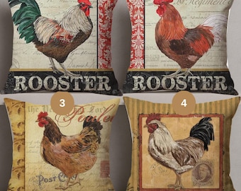 Vintage Rooster Pillow Cover: Rustic Farmhouse Cotton Cushion